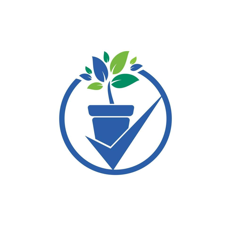 Überprüfen Sie das Design des Gartenvektor-Logos. Häkchen und Blumentopf-Symbol. vektor