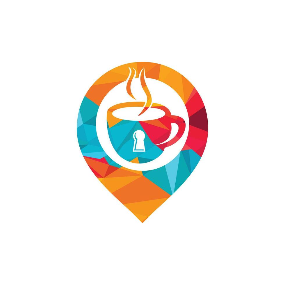 Vorhängeschloss und Kaffeebecher-Logo-Design. Kaffeetassen-Logo-Design kombiniert mit Schlüsselloch und GPS. vektor