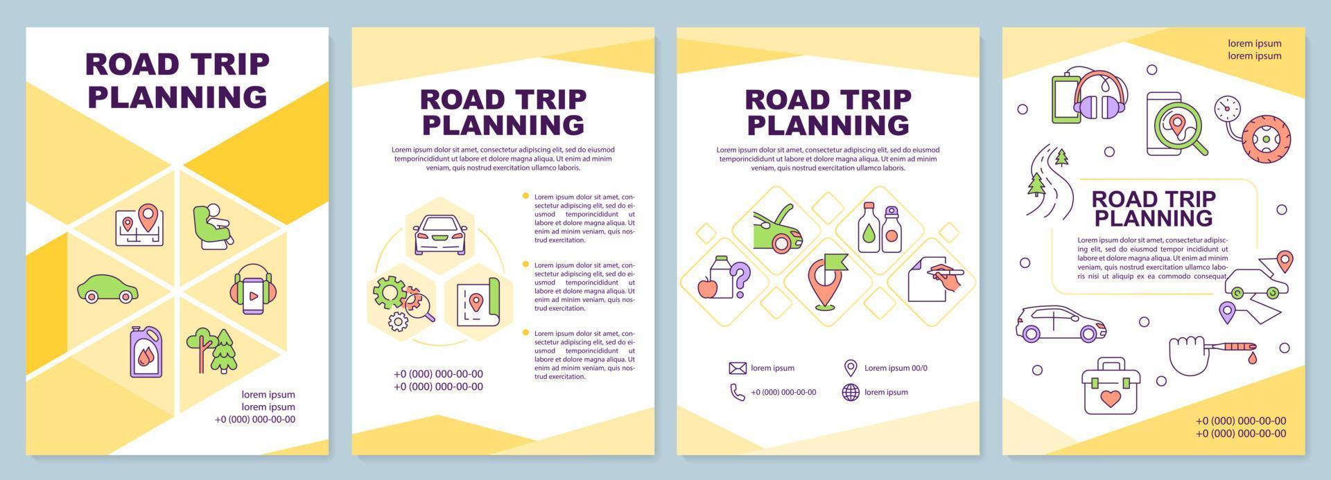 Roadtrip-Planungsbroschürenvorlage. Autotourismus. Broschürendesign mit linearen Symbolen. editierbare 4 Vektorlayouts für Präsentationen, Jahresberichte. vektor