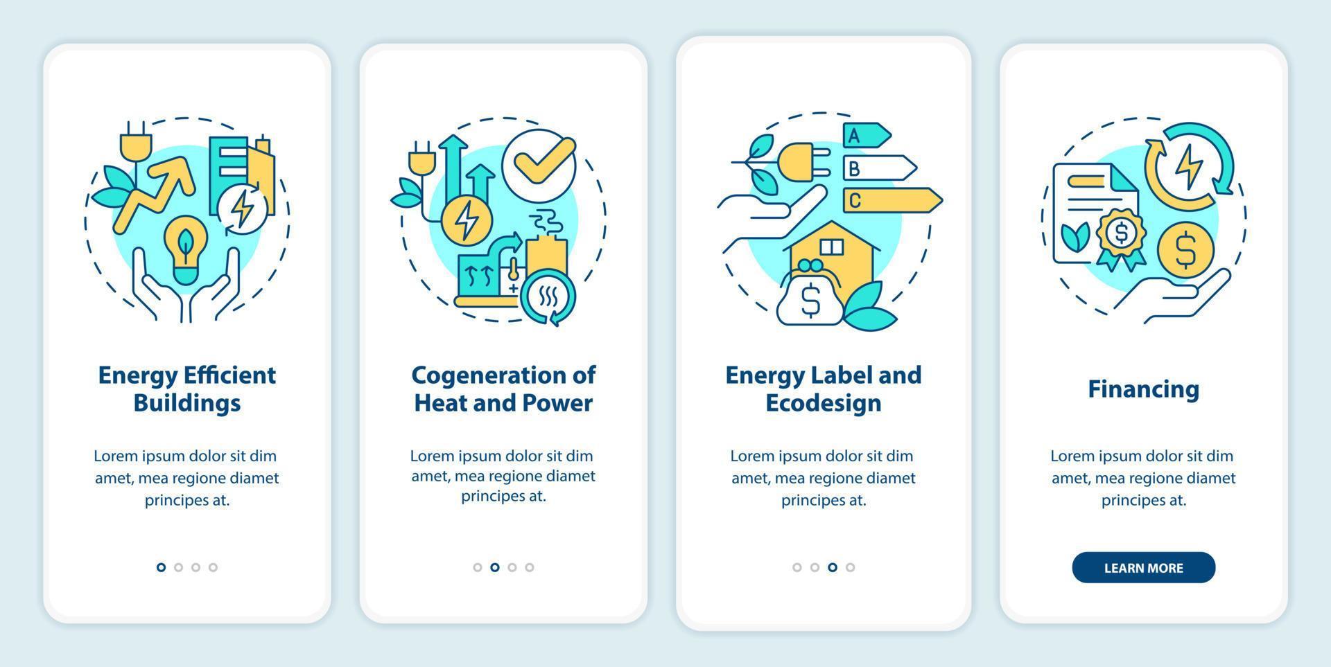 energieeffizienz und einsparung beim onboarding des mobilen app-bildschirms. Komplettlösung 4 Schritte editierbare grafische Anweisungen mit linearen Konzepten. ui, ux, gui-Vorlage. vektor