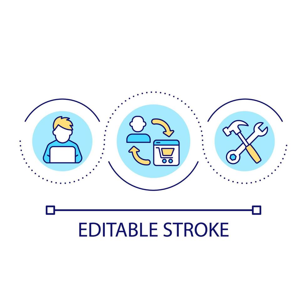 datoranvändning specialist service slinga begrepp ikon. hemsida utveckling. konsument till företag modell abstrakt aning tunn linje illustration. isolerat översikt teckning. redigerbar stroke. vektor