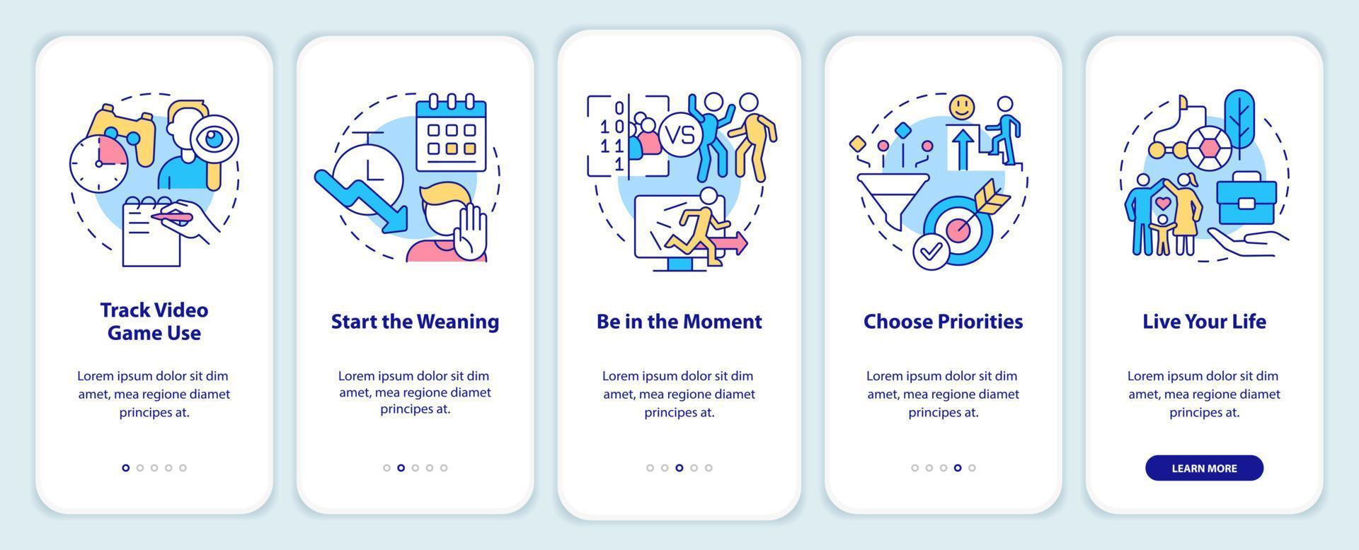 hantera med gaming missbruk onboarding mobil app skärm. video spel genomgång 5 steg grafisk instruktioner sidor med linjär begrepp. ui, ux, gui mall. vektor