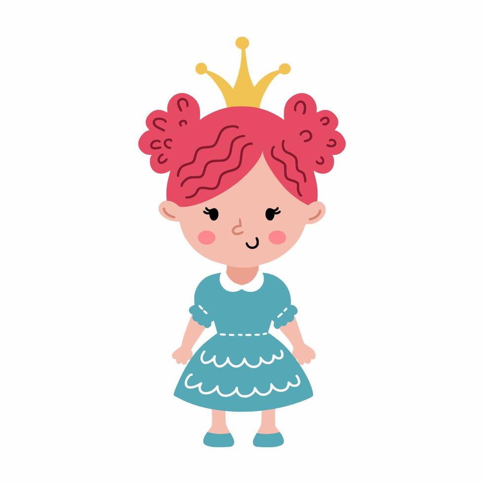 söt prinsessa med skön frisyr. liten flicka i klänning. krona på huvud. rolig karaktär. illustration för barn. affisch barnkammare. vektor