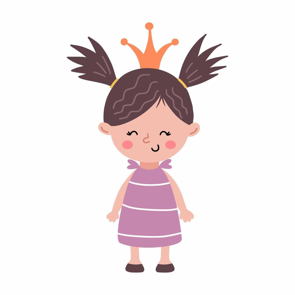 söt prinsessa med skön frisyr. liten flicka i klänning. krona på huvud. rolig karaktär. illustration för barn. affisch barnkammare. vektor