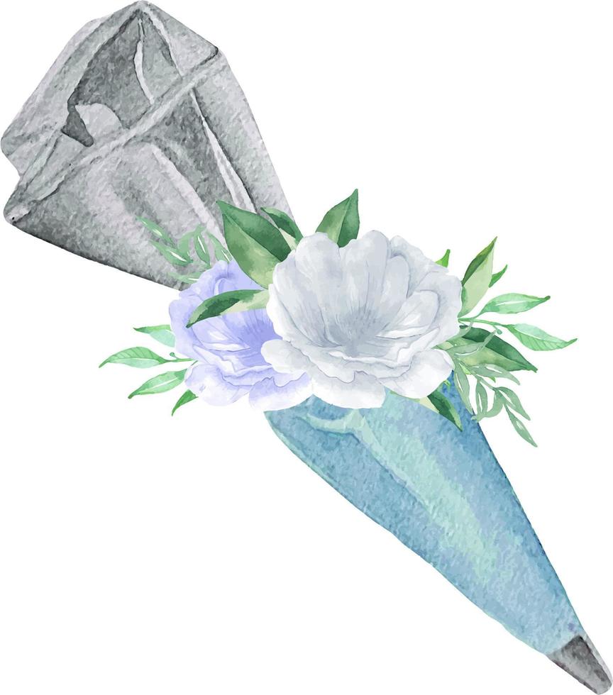 aquarell-spritzbeutel und spitze mit blauer gebäckcreme und blumen mit grün. bäckereiillustration für einladung, gebäck, menü, logos vektor