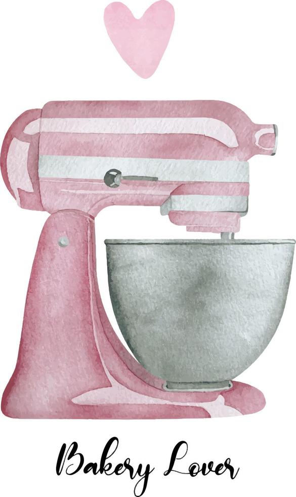 vattenfärg bageri logotyp med rosa mixer. illustration för Hem bageri vektor