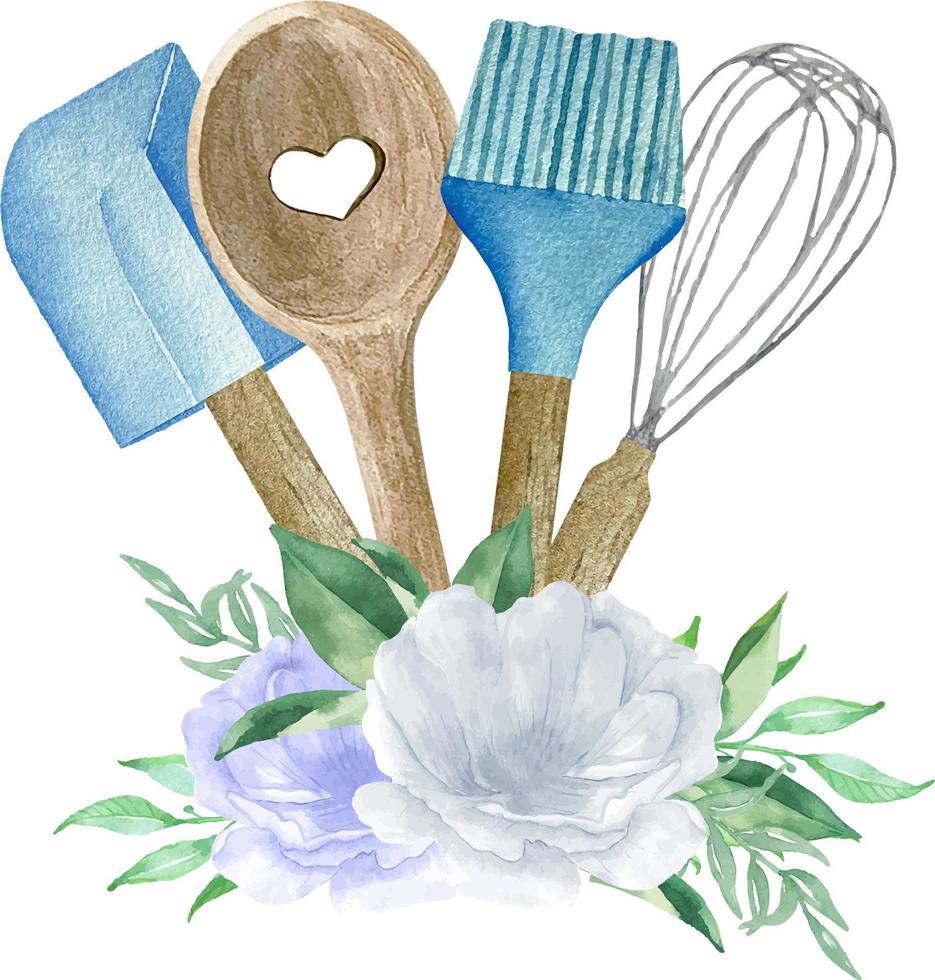 vattenfärg illustration av blå bageri med vispa, sked och spatel. logotyp för kaka affär och bageri vektor