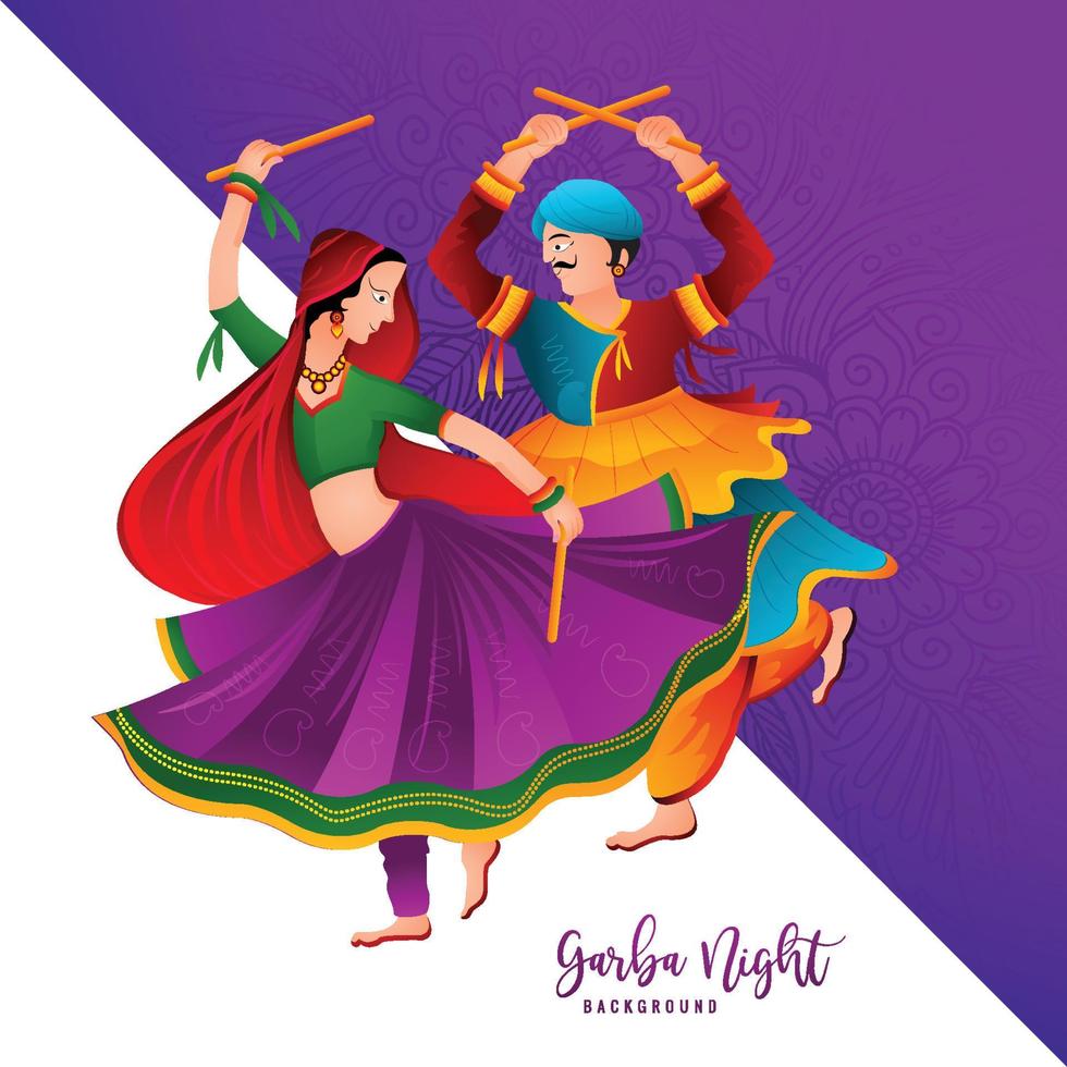 feier garba nacht paar spielt garba und dandiya feiertagskarte hintergrundillustration vektor