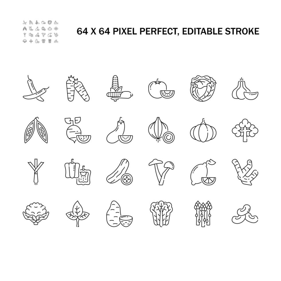 Symbolsatz von Gemüse-Vektorzeilensymbolen. enthält Symbole wie gesundes Essen. editierbarer Strich. 64x64 Pixel perfekt. vektor