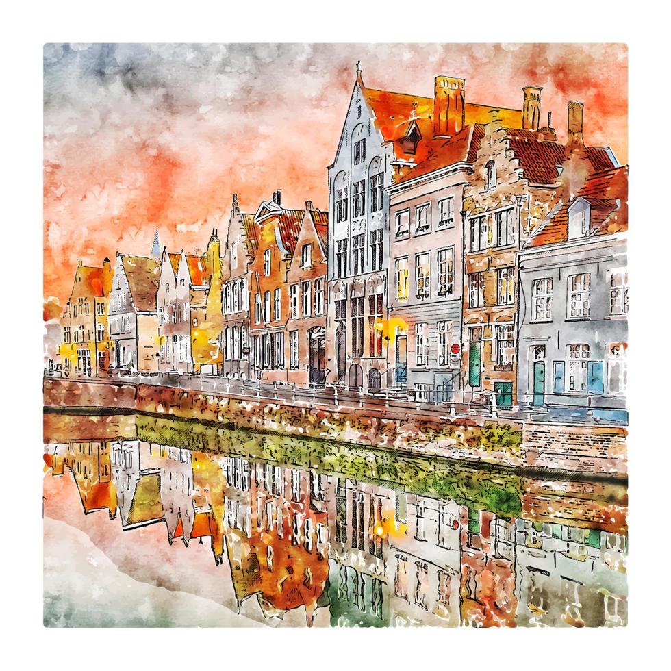 Brugge Belgien akvarell skiss handritad illustration vektor