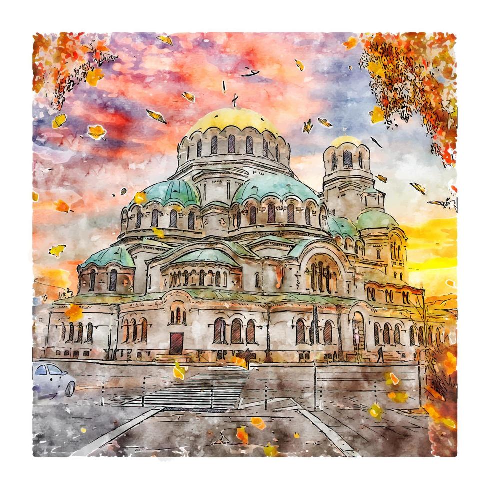 alexander nevsky katedral sofia bulgarien vattenfärg skiss hand dragen illustration vektor