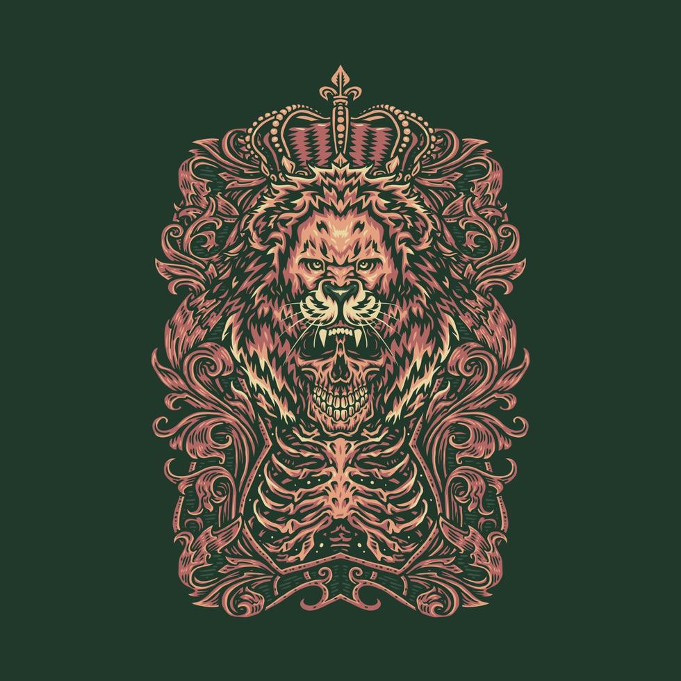 König der Löwen mit Totenkopf, handgezeichneter Linienstil mit digitaler Farbe, Vektorillustration vektor