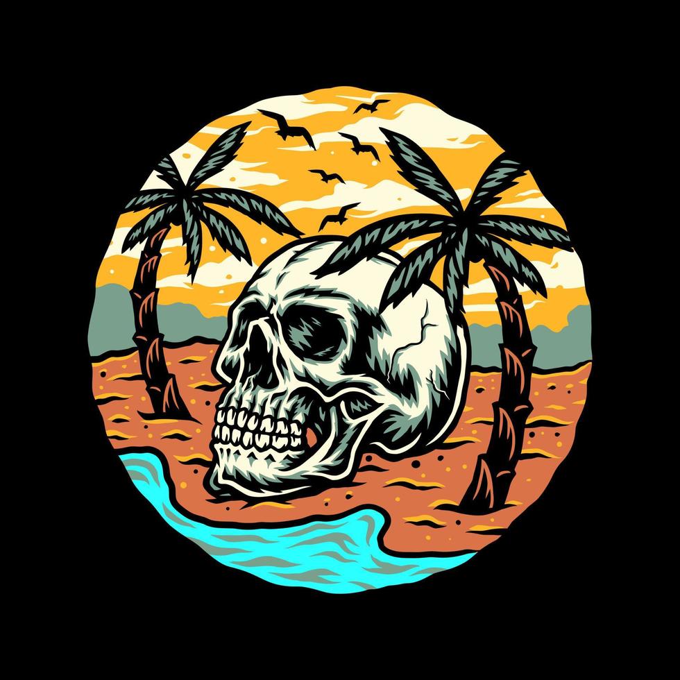 skalle sommar strand t-shirt grafisk design, hand dragen linje med digital Färg, vektor illustration