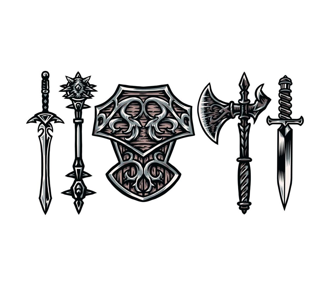 uppsättning av krigare vapen, hand dragen linje stil med digital Färg, vektor illustration