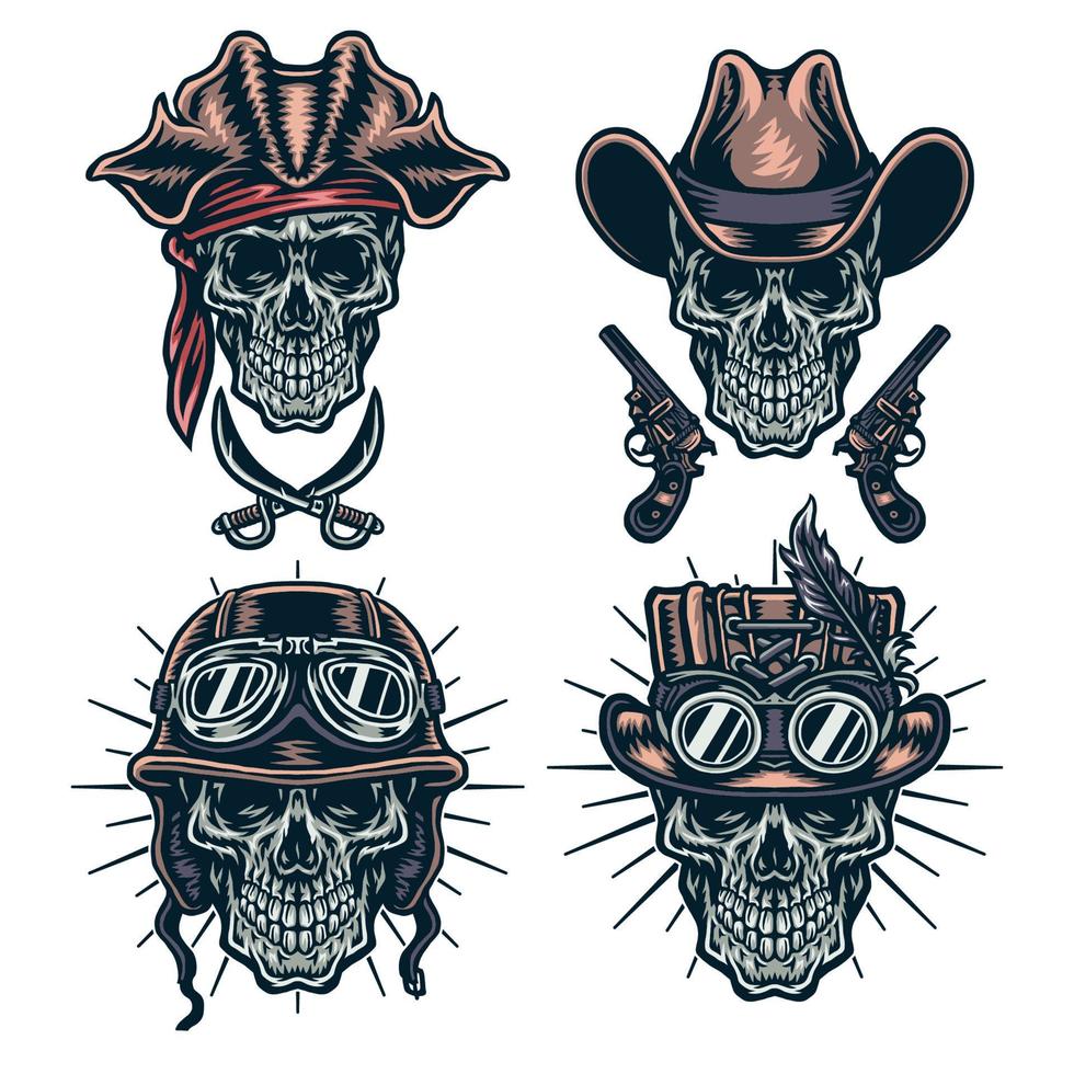 uppsättning av skallar bär hattar, cowboys, steampunk, hjälmar och pirater, Färg version vektor