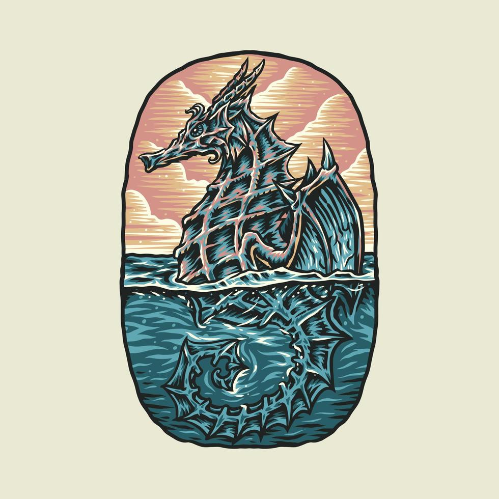 drake hav, hand dragen linje stil med digital Färg, vektor illustration
