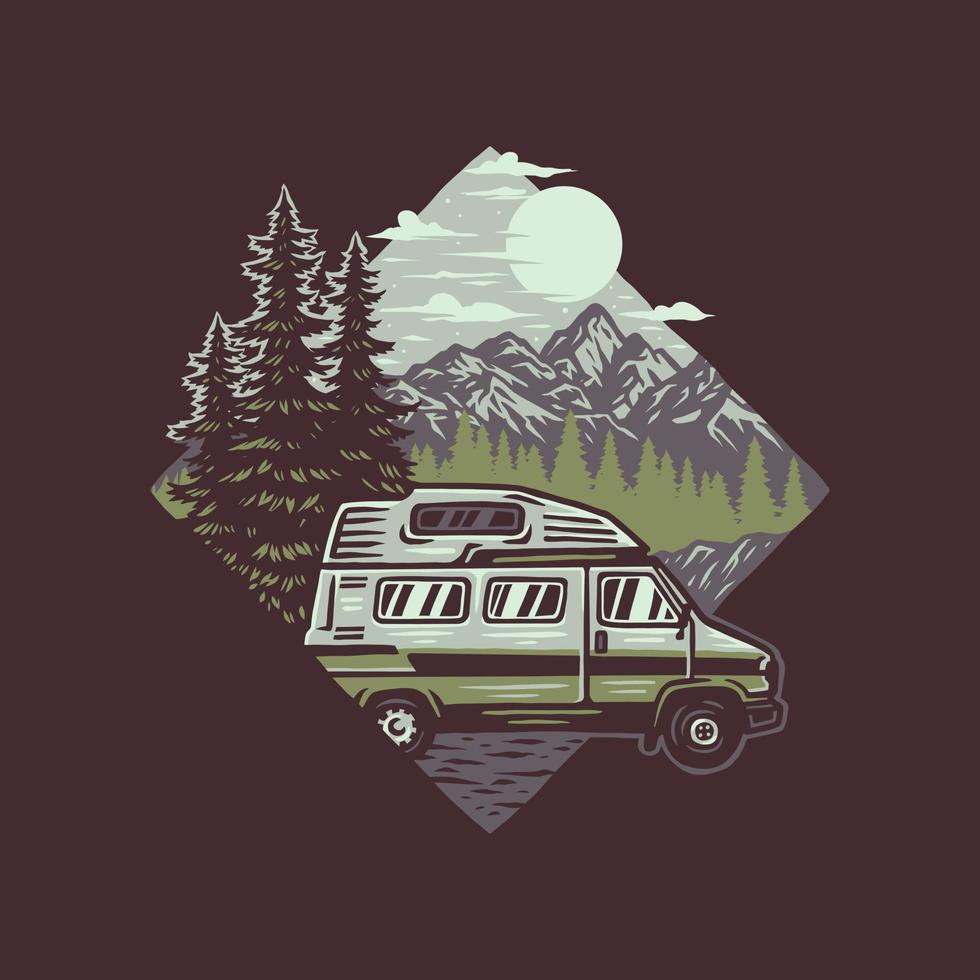 Campervan Travel Tours Vintage T-Shirt Grafikdesign, handgezeichneter Linienstil mit digitaler Farbe, Vektorgrafik vektor