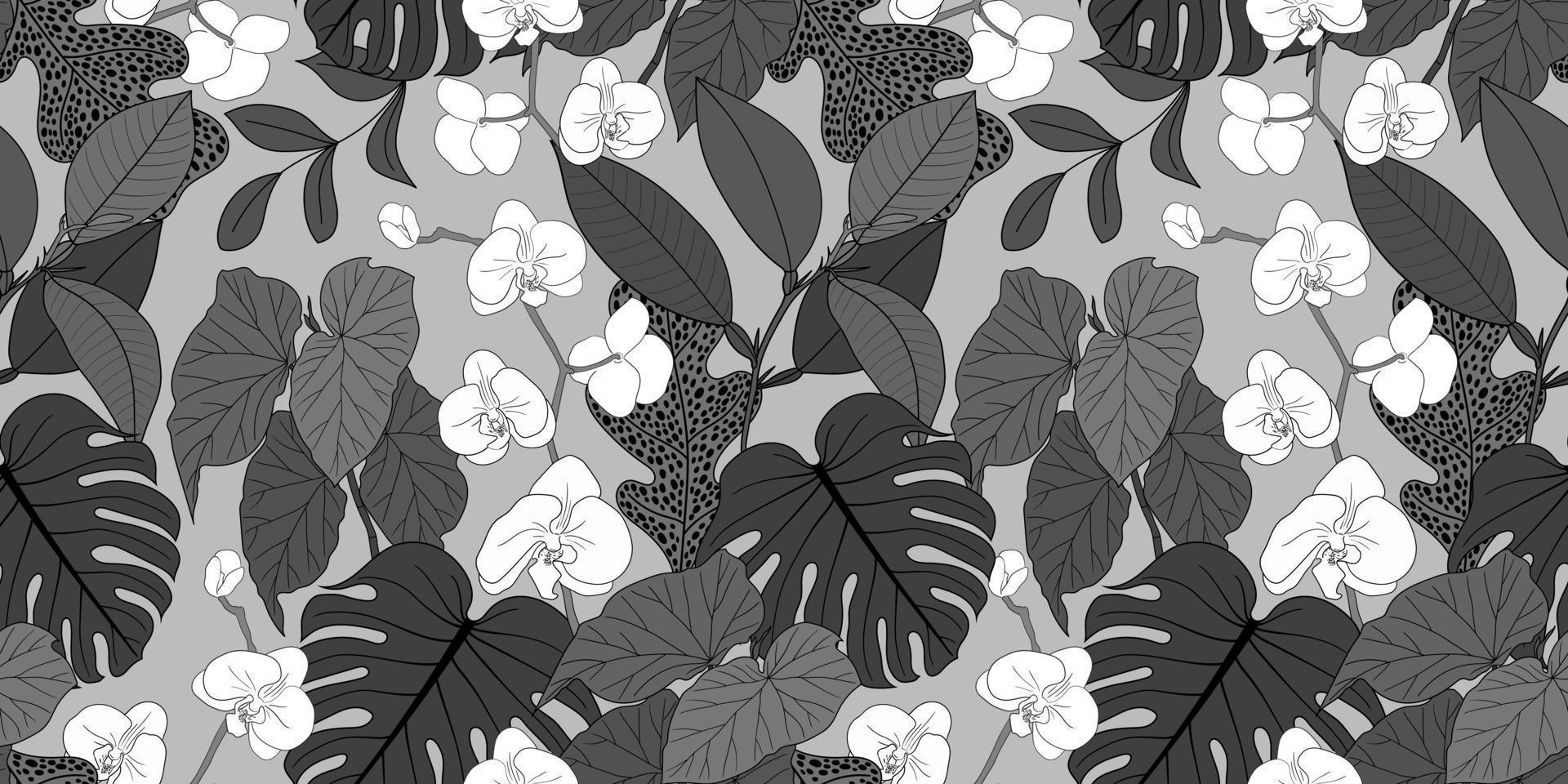 vektor sömlös grå baner med blomning orkidéer och tropisk växter