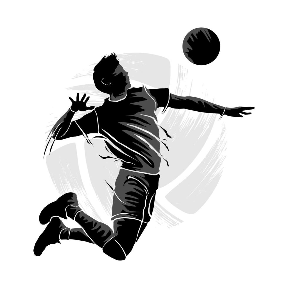 silhuett av manlig volleyboll spelare flygande till träffa de boll. vektor illustration