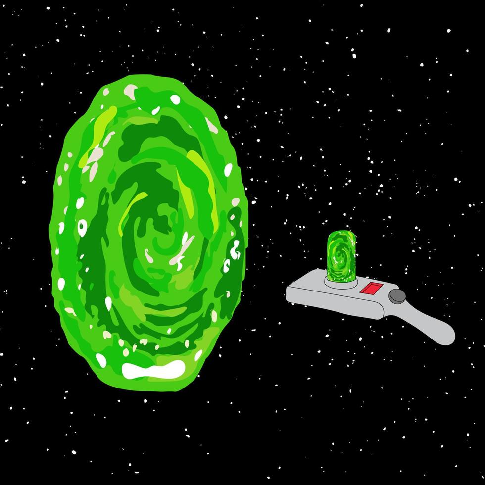 portal i Plats till Övrig universum med ett intergalaktisk pistol, på isolerat svart bakgrund, vektor