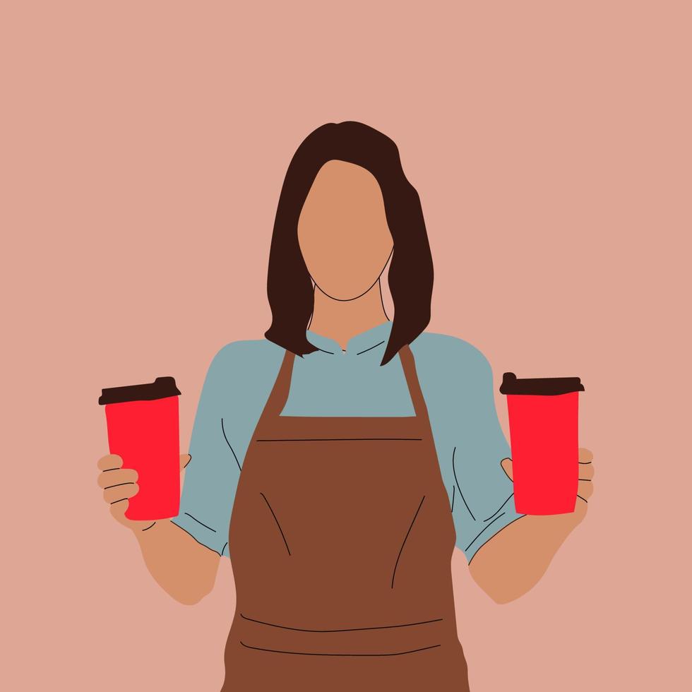 servitris eller Barista. leende kvinna i svart förkläde innehav kaffe koppar isolerat vektor illustration