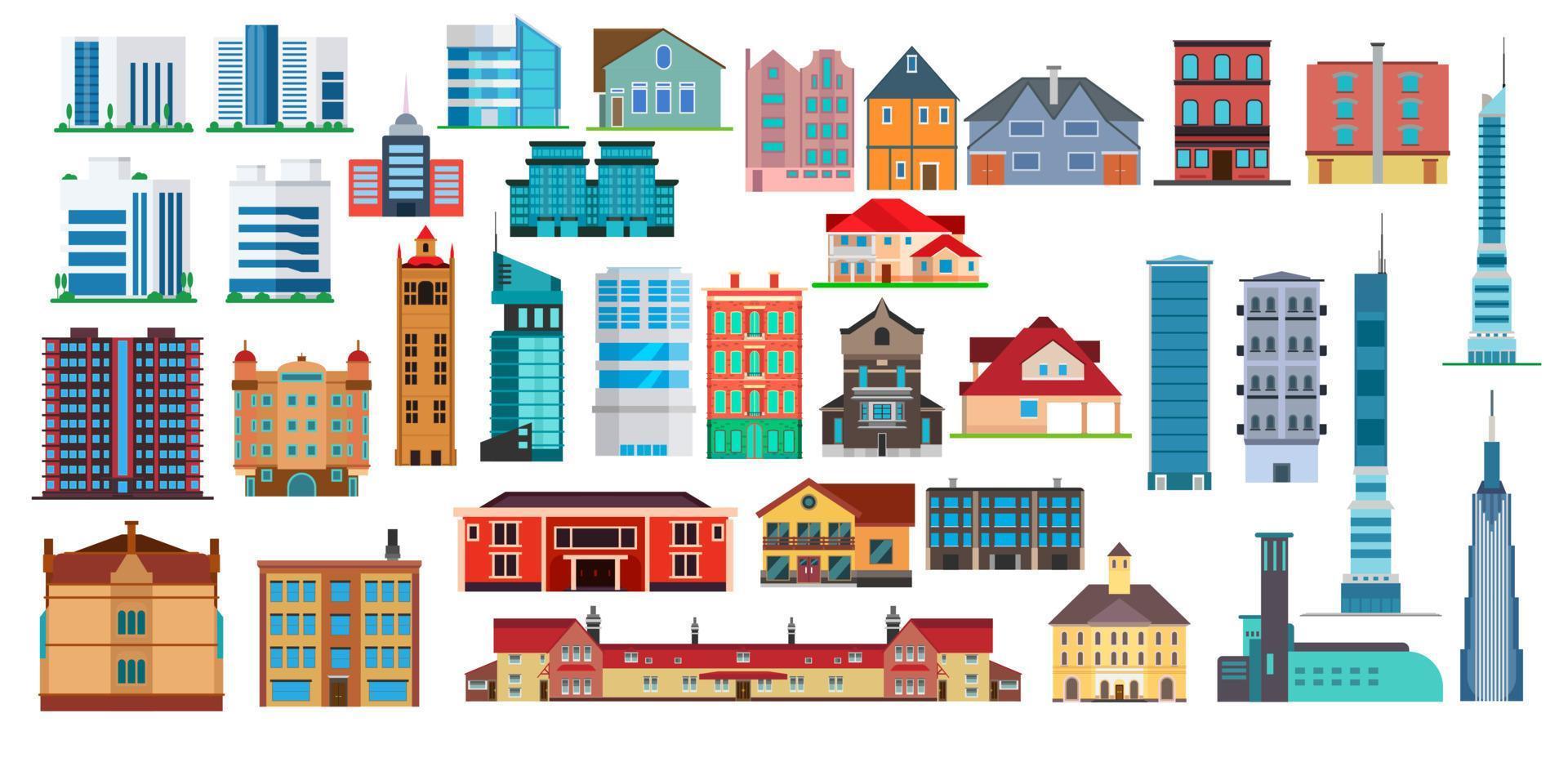 gebäude stadtarchitekturikone und wohnhaus der wohnung für stadtvektorillustration. wolkenkratzersymbol und städtischer bürobausatz. Immobilien Exterieur singen für Innenstadt und Bezirk vektor