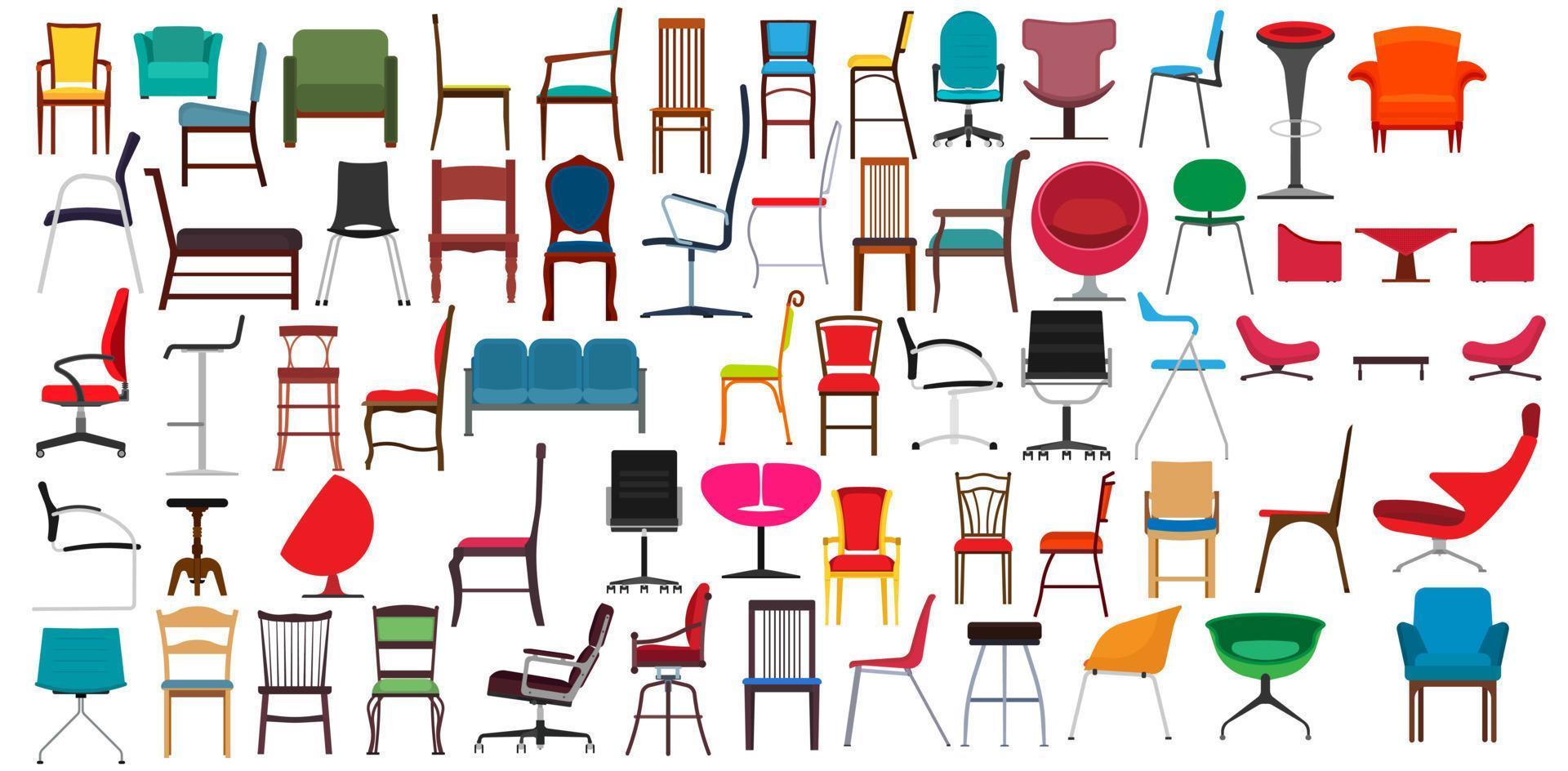 stol möbel design och fåtölj sittplats kontor interiör ikon. Hem objekt isolerat vektor illustration och rum symbol stil dekoration uppsättning. inomhus- Utrustning pall och tecknad serie Sammanträde för lägenhet