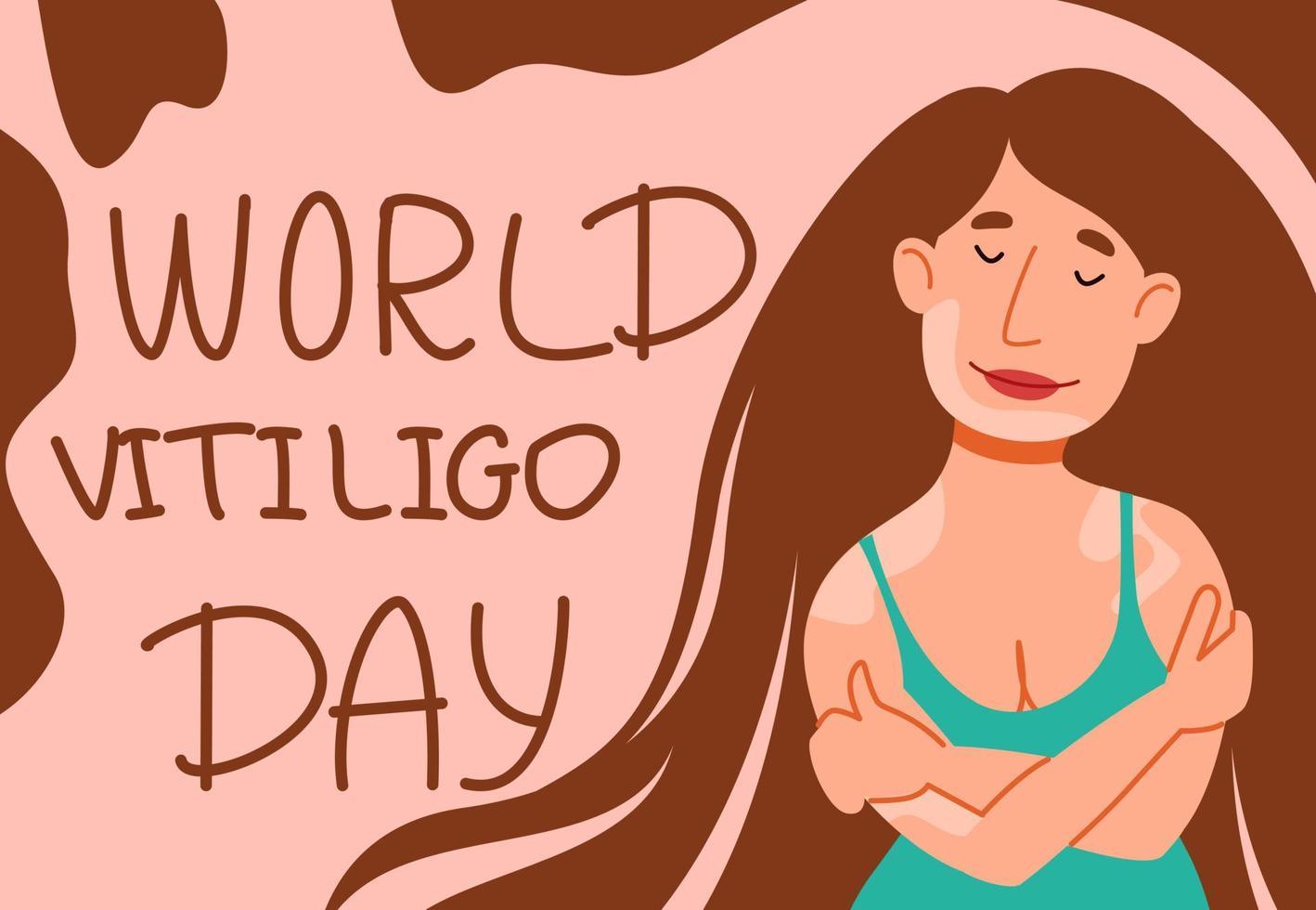 skön flicka med lång hår i en baddräkt och med vitiligo. vykort för värld vitiligo dag. vektor