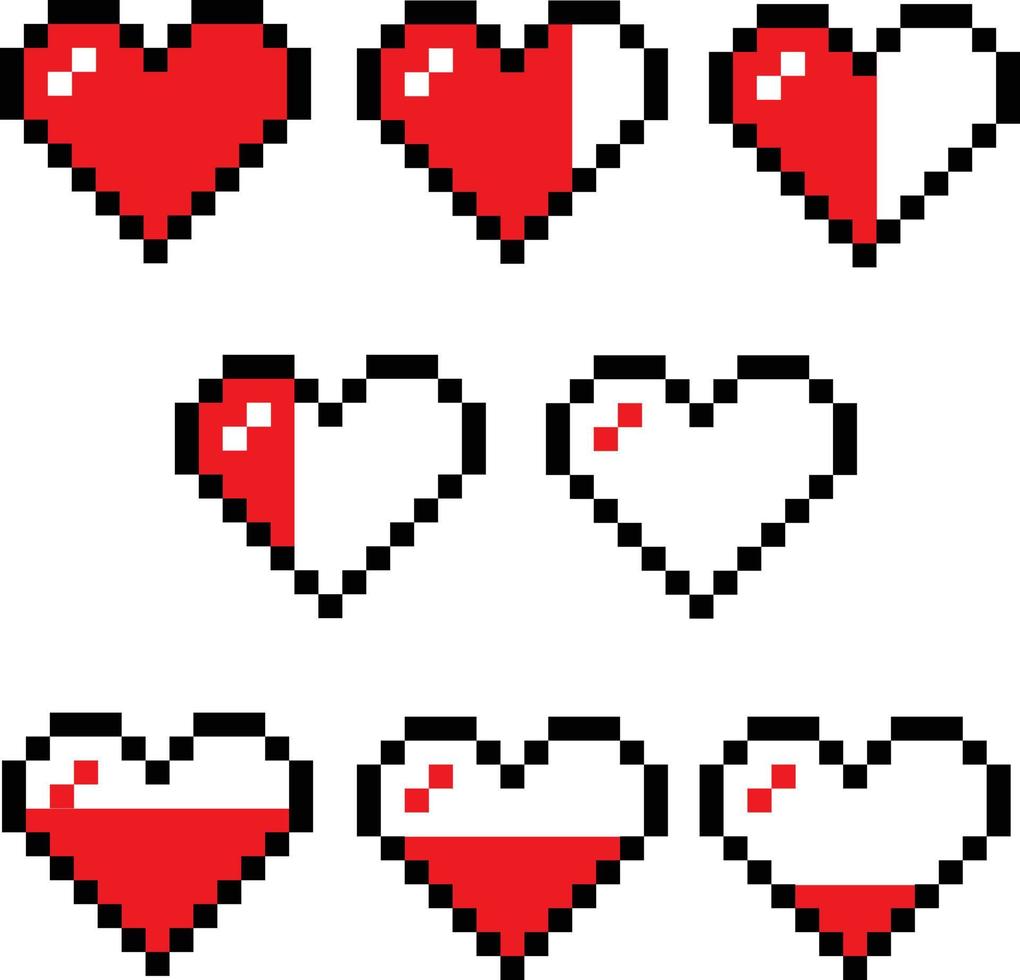 pixel spel liv bar tecken. fyllning röd hjärtan nedåtgående. pixel konst 8-bitars hälsa hjärta bar. platt stil. vektor