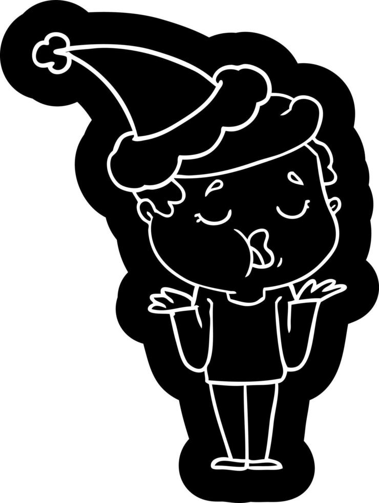 tecknad serie ikon av en man talande och rycker på axlarna axlar bär santa hatt vektor