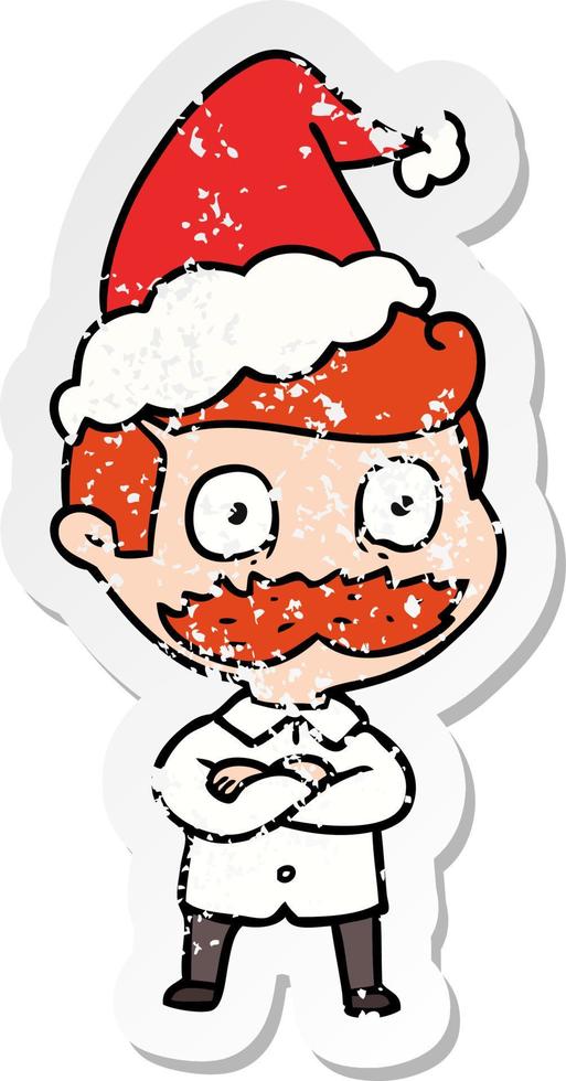 Distressed Sticker Cartoon eines Mannes mit Schnurrbart schockiert mit Weihnachtsmütze vektor