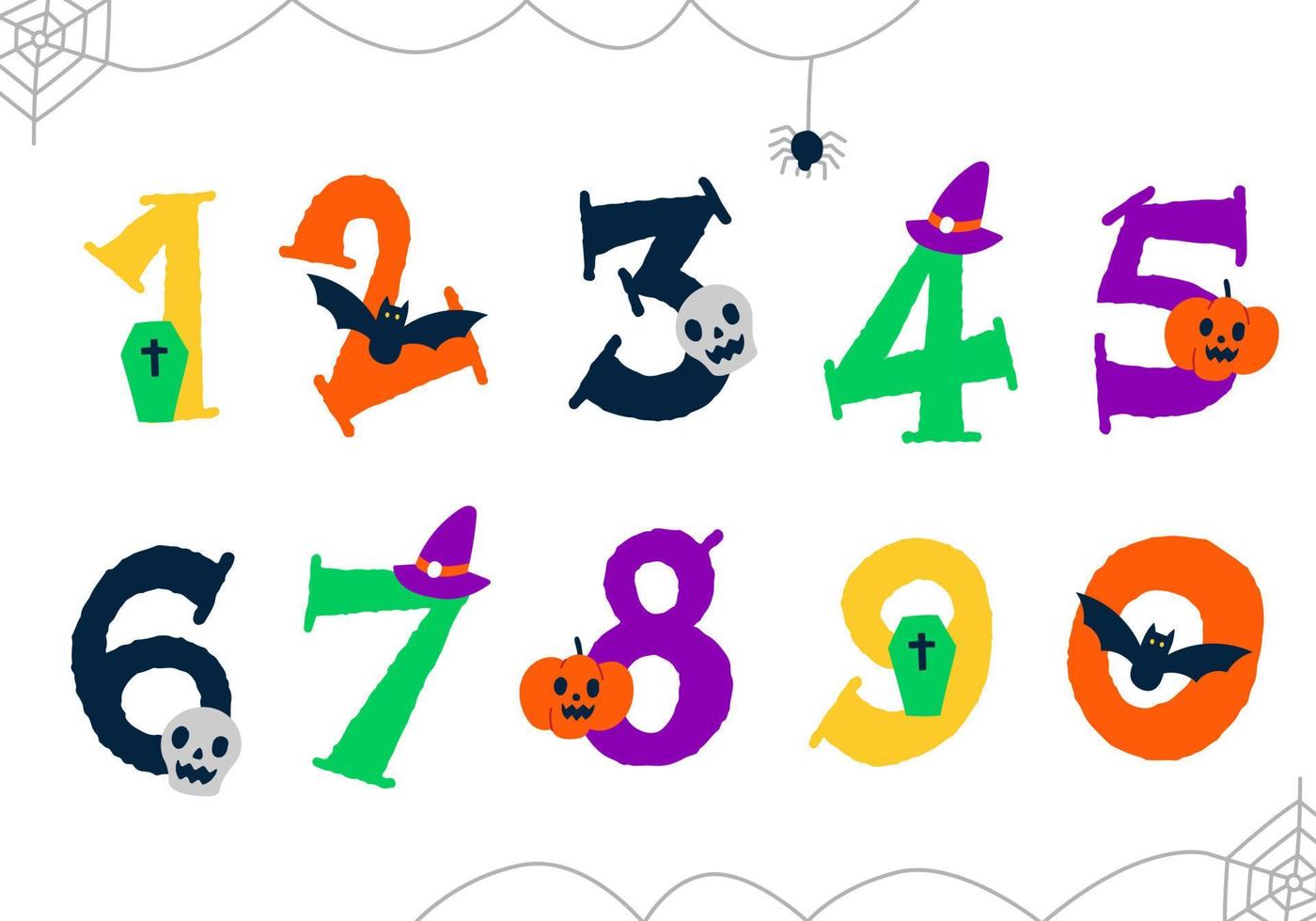 niedliche bunte hand zeichnen karikatur gespenstische glückliche halloween-feiertagsfeier gespenstische horrorelemente handgeschriebene hand gezeichnete englische nummer numerische zahl schriftdesign kinder kinder lokalisierte vektorillustration vektor
