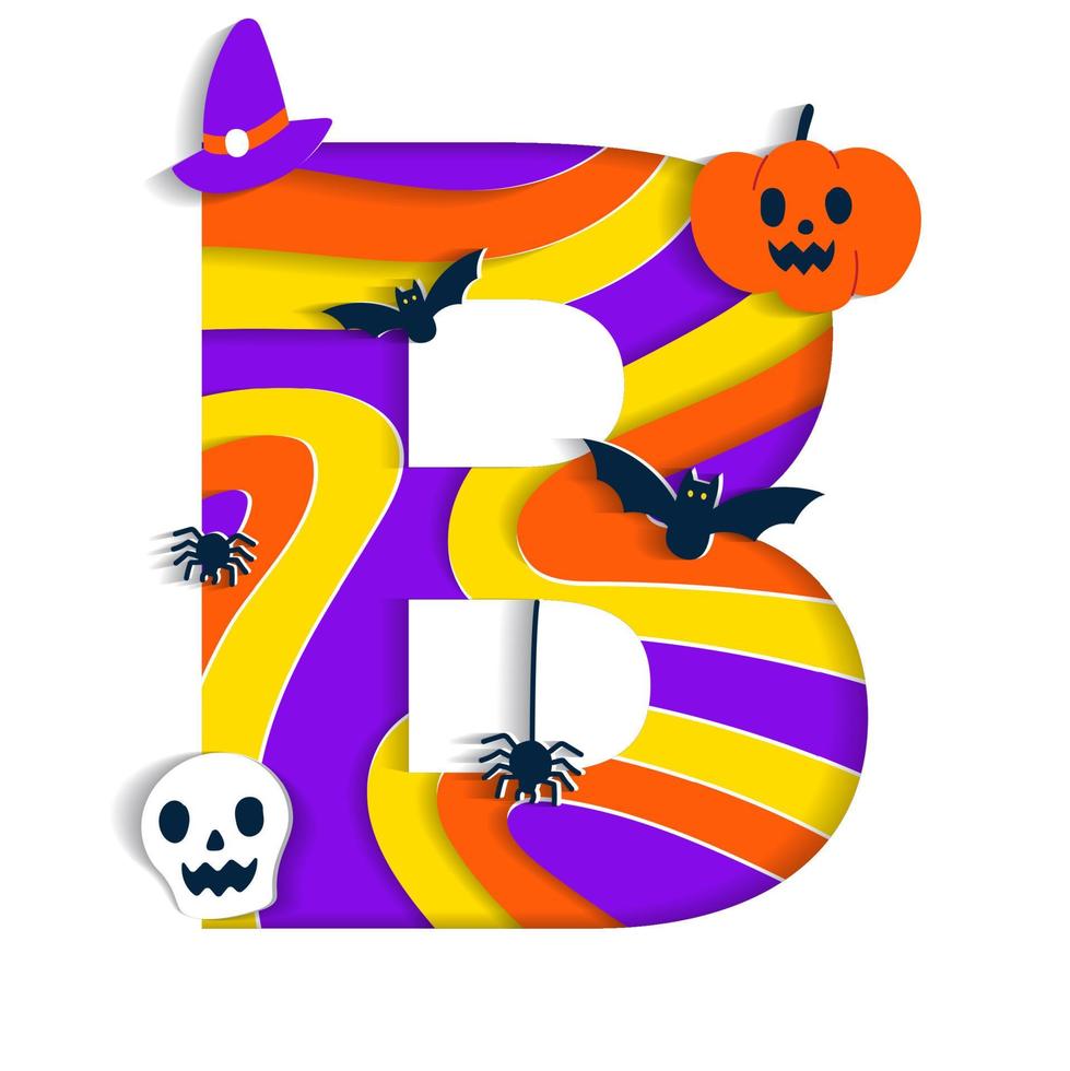 fröhliches halloween b alphabet party schriftart typografie charakter cartoon gruselig horror mit bunter 3d schicht papierausschnitt typ design feier vektorillustration schädel kürbis fledermaus hexenhut spinnennetz vektor