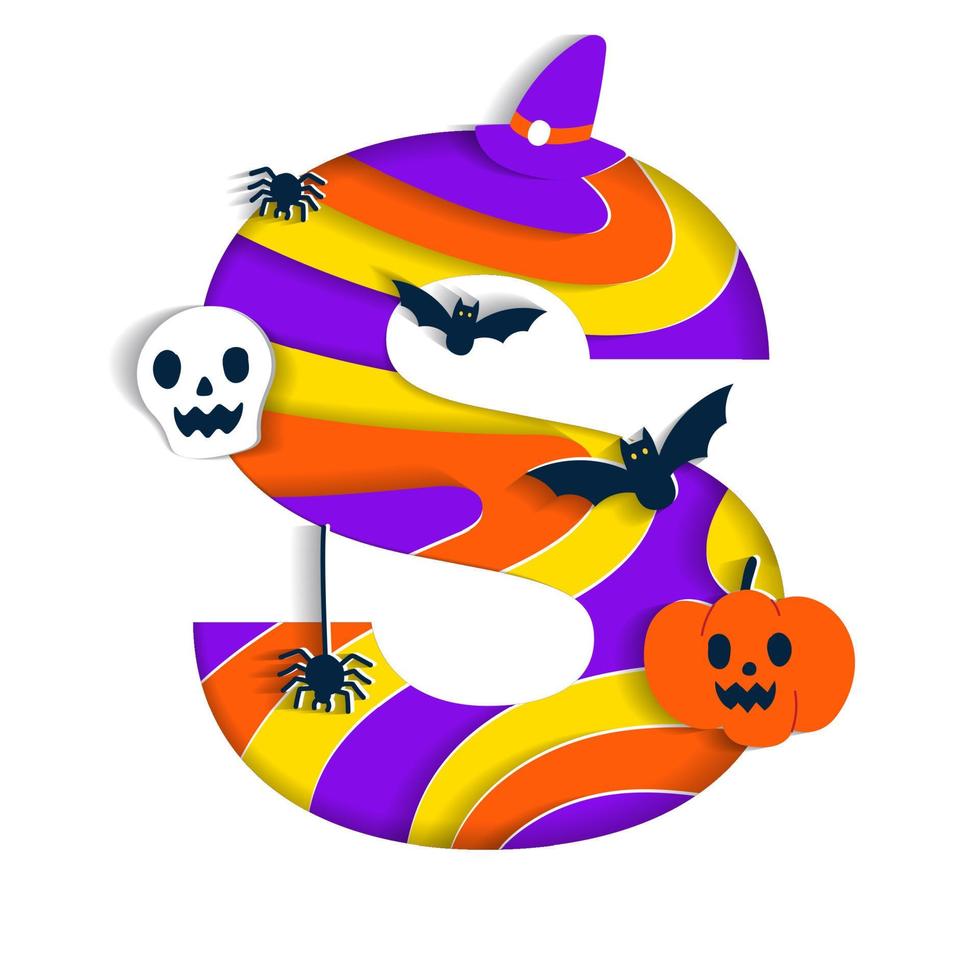 fröhliches halloween s alphabet party schriftart typografie charakter cartoon gruselig horror mit bunter 3d schicht papierausschnitt typ design feier vektorillustration schädel kürbis fledermaus hexenhut spinnennetz vektor