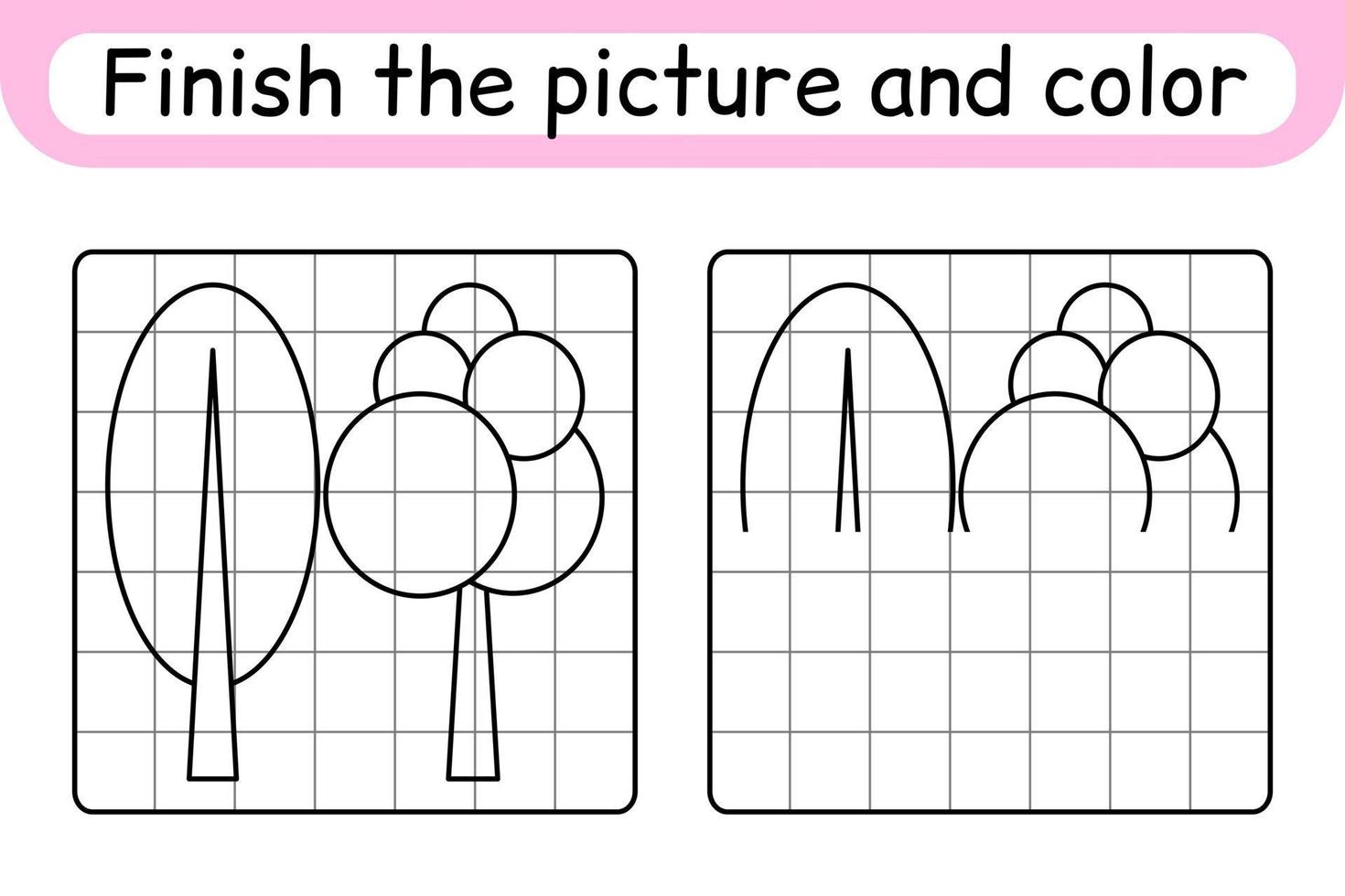 Vervollständigen Sie den Bilderbaum. Kopieren Sie das Bild und die Farbe. beende das Bild. Malbuch. pädagogisches Zeichenübungsspiel für Kinder vektor