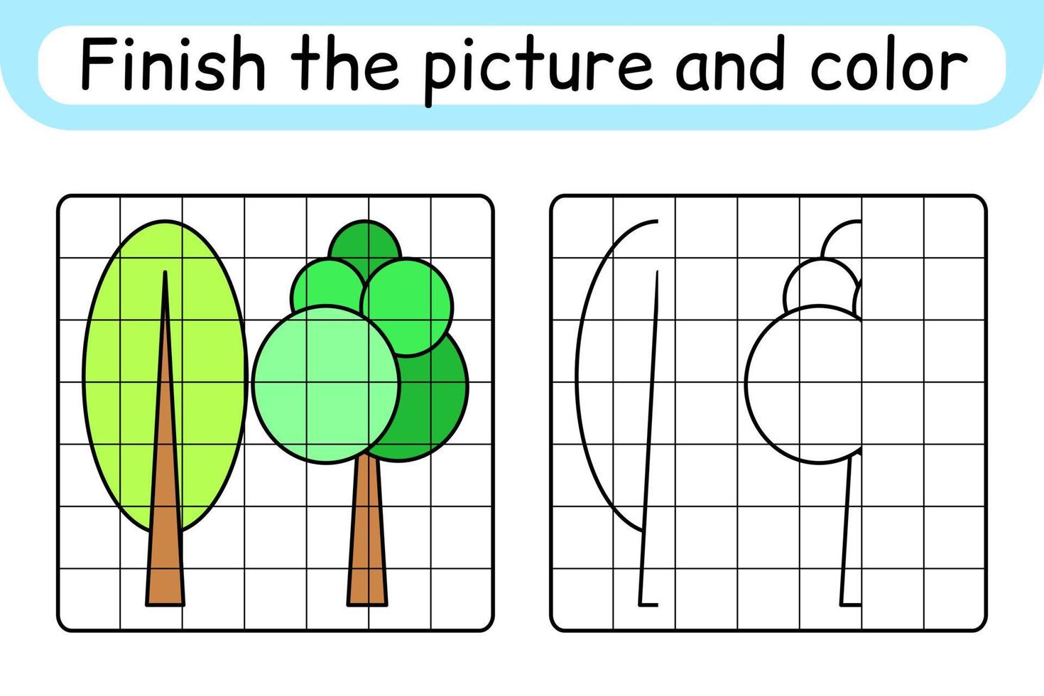 Vervollständigen Sie den Bilderbaum. Kopieren Sie das Bild und die Farbe. beende das Bild. Malbuch. pädagogisches Zeichenübungsspiel für Kinder vektor