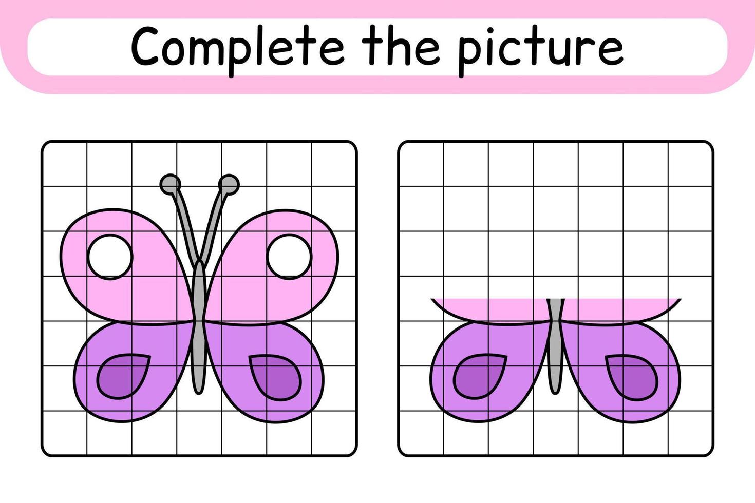 Vervollständigen Sie das Bild Schmetterling. Kopieren Sie das Bild und die Farbe. beende das Bild. Malbuch. pädagogisches Zeichenübungsspiel für Kinder vektor