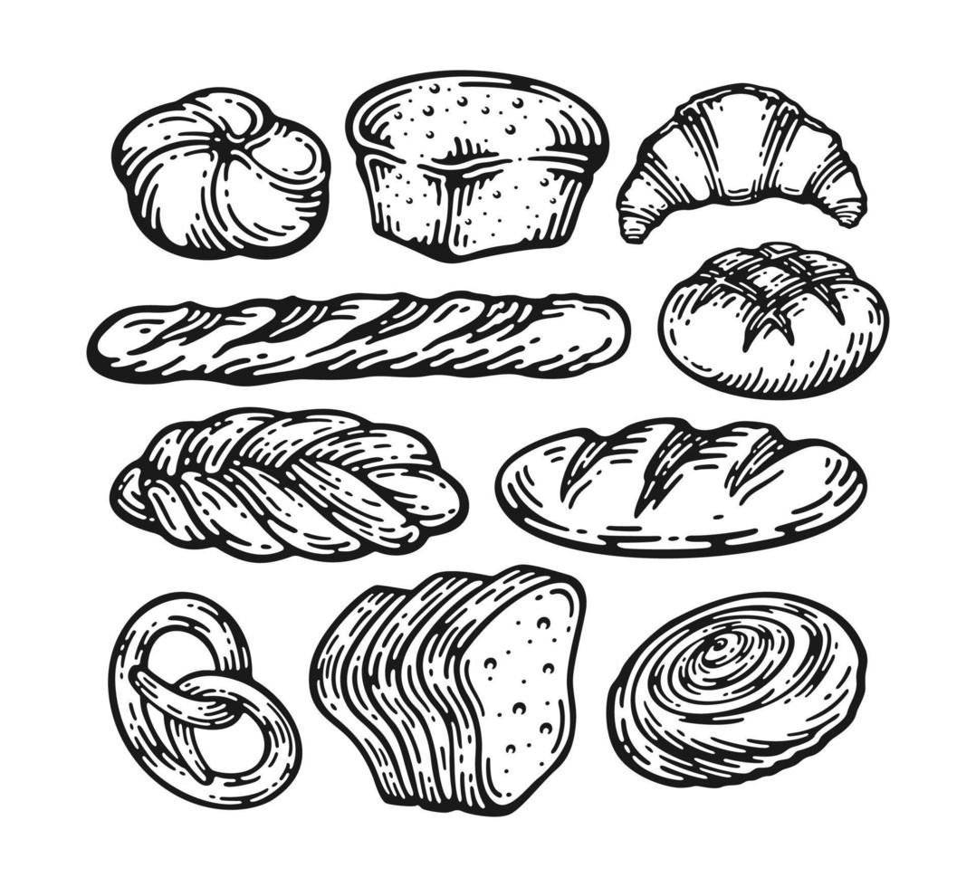 Brot-Vektor-Doodle-Vintage-Set-Illustration. frisches Brot. Gluten Lebensmittel Bäckerei gravierte Sammlung. schwarz backen Bio-Lebensmittel isoliert auf weißem Hintergrund. vektor