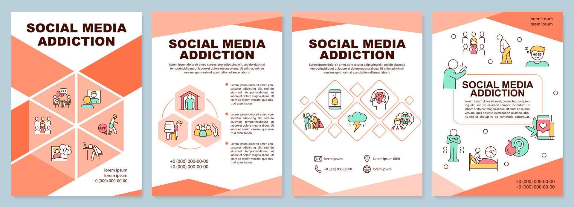 social media missbruk röd broschyr mall. social nätverk. folder design med linjär ikoner. 4 vektor layouter för presentation, årlig rapporterar.