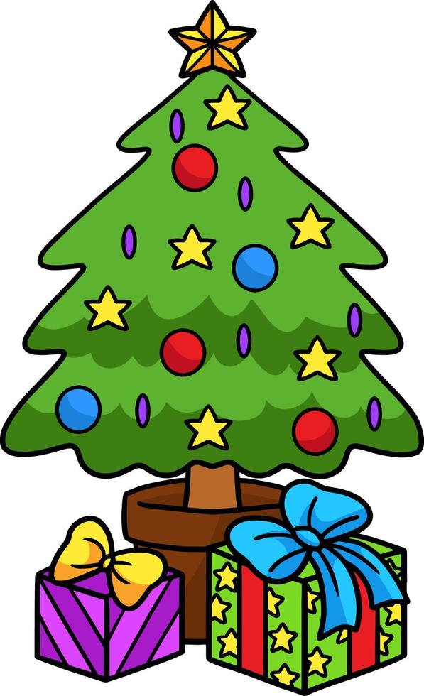 geschenk und weihnachtsbaum cartoon farbige clipart vektor