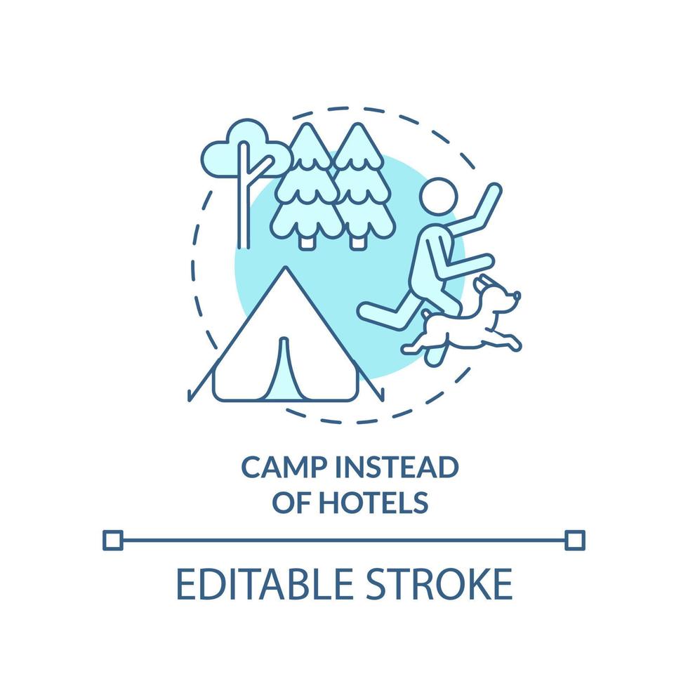 Camp statt Hotels türkisfarbenes Konzeptsymbol. Campingplatz. road trip mit haustieren beratung abstrakte idee dünne linie illustration. isolierte Umrisszeichnung. editierbarer Strich. vektor