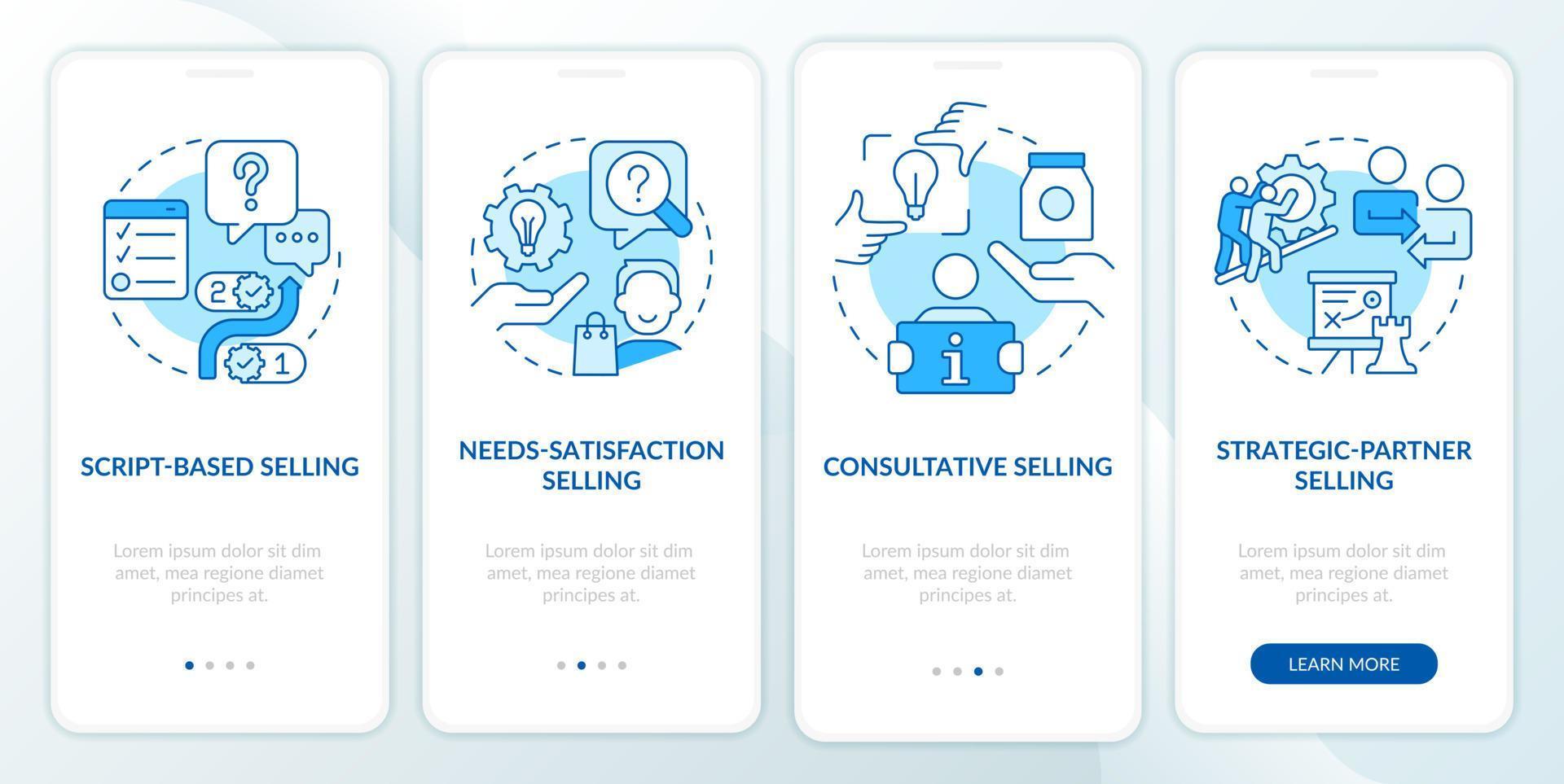 verkaufsstrategien blauer onboarding-bildschirm der mobilen app. Marketing Walkthrough 4 Schritte bearbeitbare grafische Anweisungen mit linearen Konzepten. ui, ux, gui-Vorlage. vektor