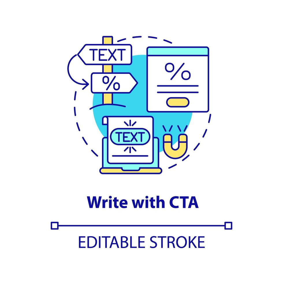 Schreiben Sie mit CTA-Konzept-Symbol. Tipp zum Erstellen einer abstrakten Idee für eine Website mit dünner Linie. Aufruf zum Handeln. Anzeige. isolierte Umrisszeichnung. editierbarer Strich. vektor