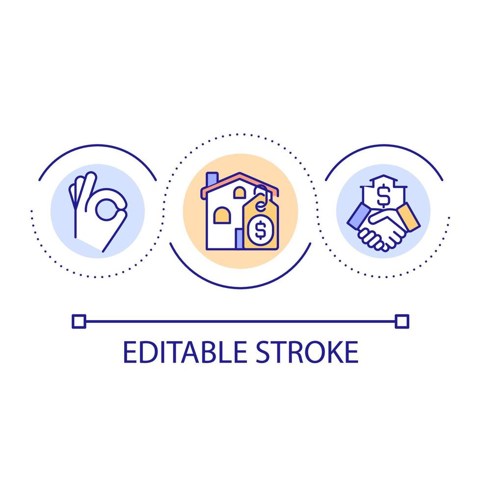 köp av verklig egendom slinga begrepp ikon. inteckning lån abstrakt aning tunn linje illustration. fast egendom uthyrning avtal. uppköp hus. isolerat översikt teckning. redigerbar stroke. vektor