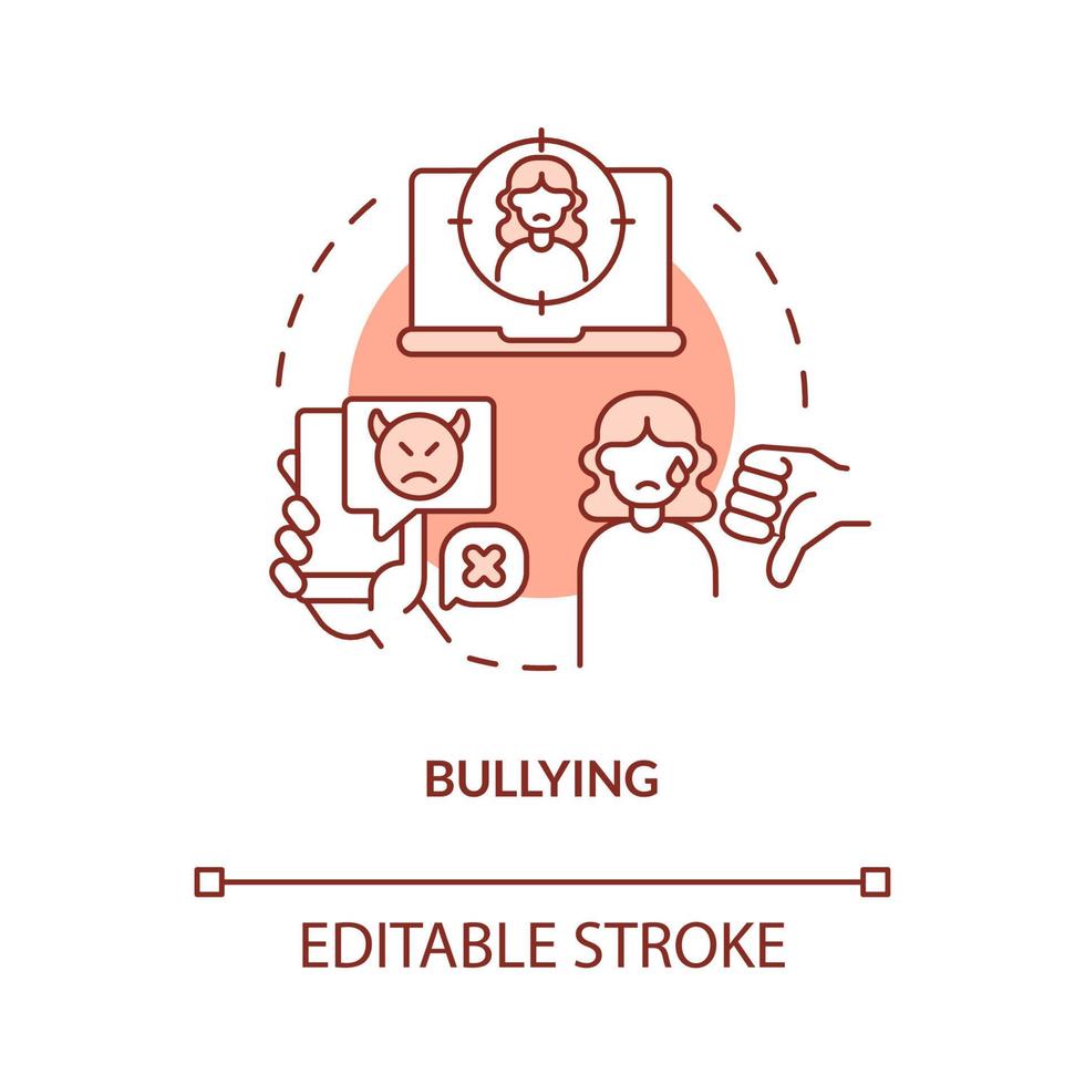 mobbning röd begrepp ikon. nätmobbning och plåga uppkopplad. offentlig skolor problem abstrakt aning tunn linje illustration. isolerat översikt teckning. redigerbar stroke. vektor