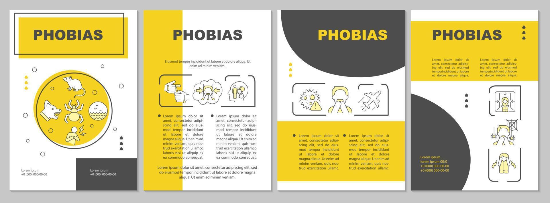 fobier gul broschyr mall. ångest oordning. rädsla och panik. folder design med linjär ikoner. 4 vektor layouter för presentation, årlig rapporterar.