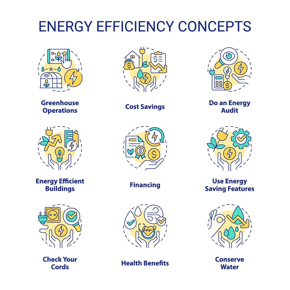 energi effektivitet begrepp ikoner uppsättning. elektricitet och kraft bevarande. hållbarhet aning tunn linje Färg illustrationer. isolerat symboler. redigerbar stroke. vektor