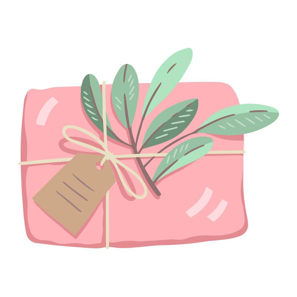 Weihnachtsgeschenk, dekoriert mit Pflanzen, Bändern und recyceltem Geschenkpapier vektor