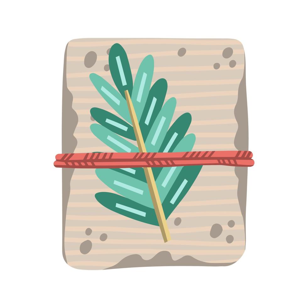 Weihnachtsgeschenk, dekoriert mit Pflanzen, Bändern und recyceltem Geschenkpapier vektor