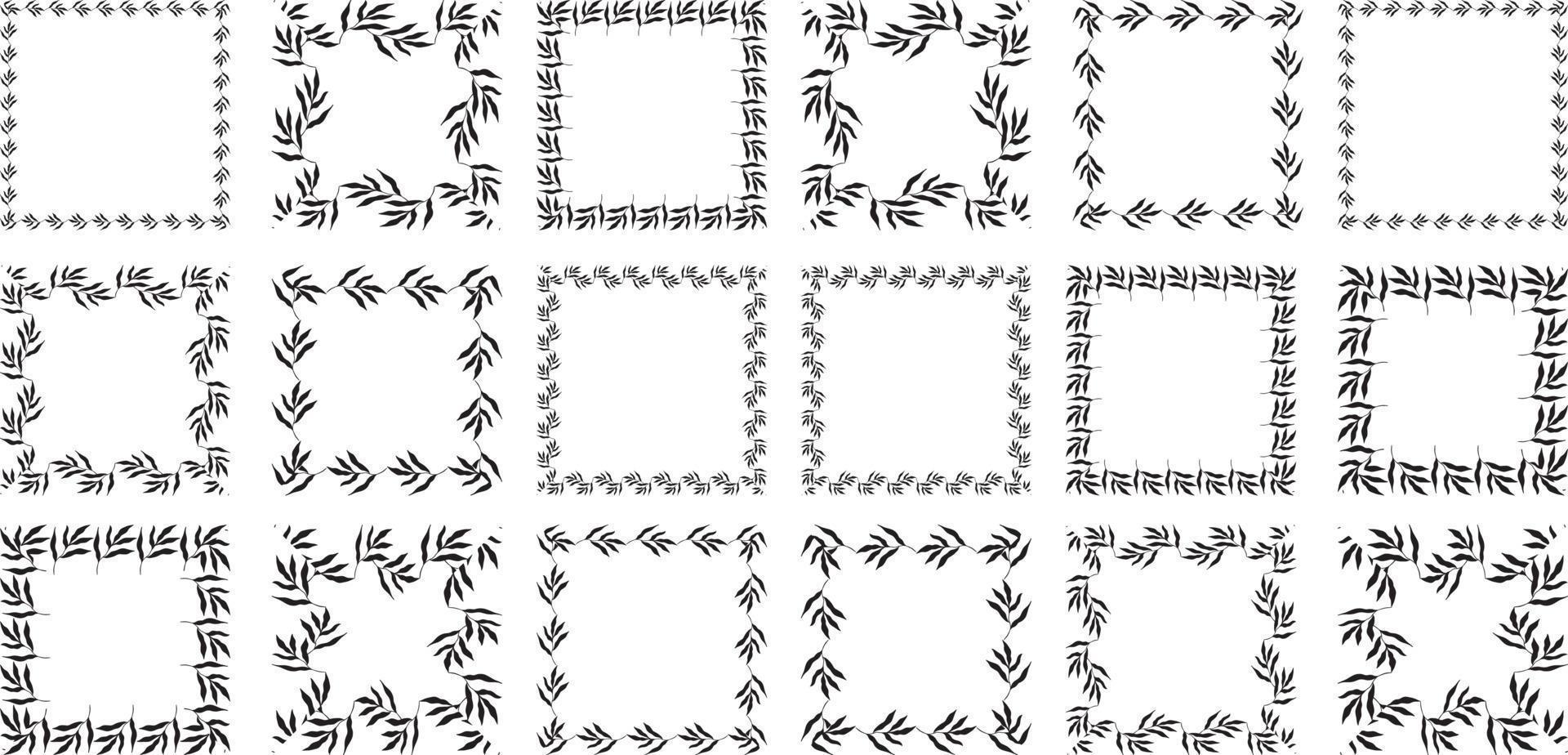 illustration av samling av diverse fyrkantiga svarta fyrkantiga ramar gjorda av växter på vit isolerad bakgrund vektor